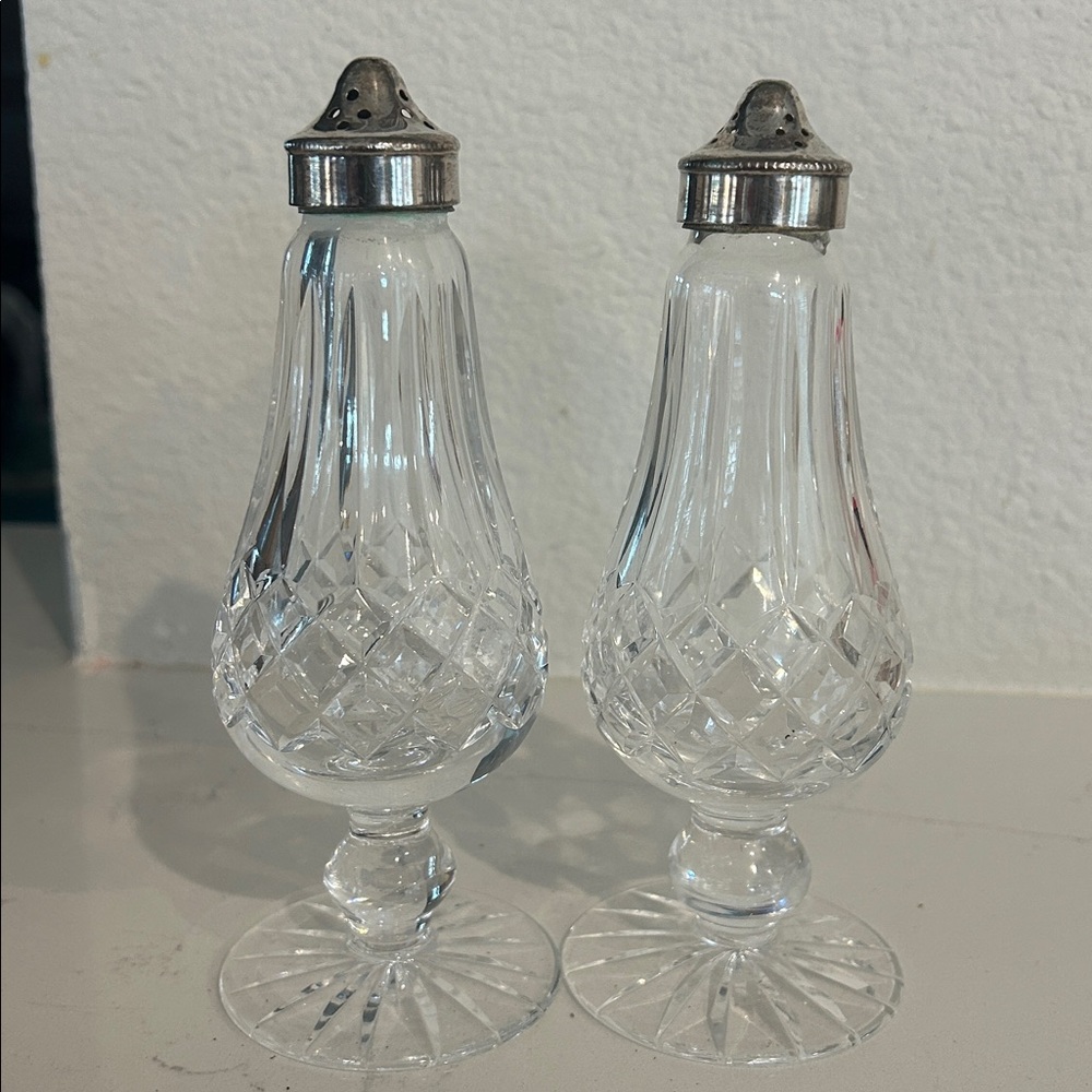 Waterford Crystal Lismore Footed Salt and Pepper Shakers with Silver Tops